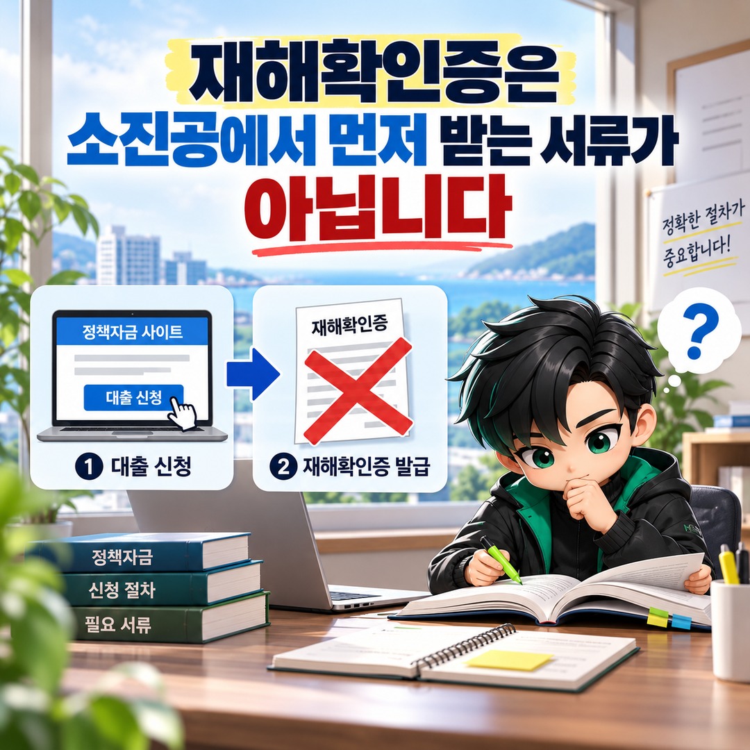 거제·통영 재해확인증 어디서 발급받나? 소상공인은 피해신고부터 해야 합니다 - 재해확인증은 소진공에서 먼저 받는 서류가 아닙니다 핵심 내용을 정리한 정보형 이미지