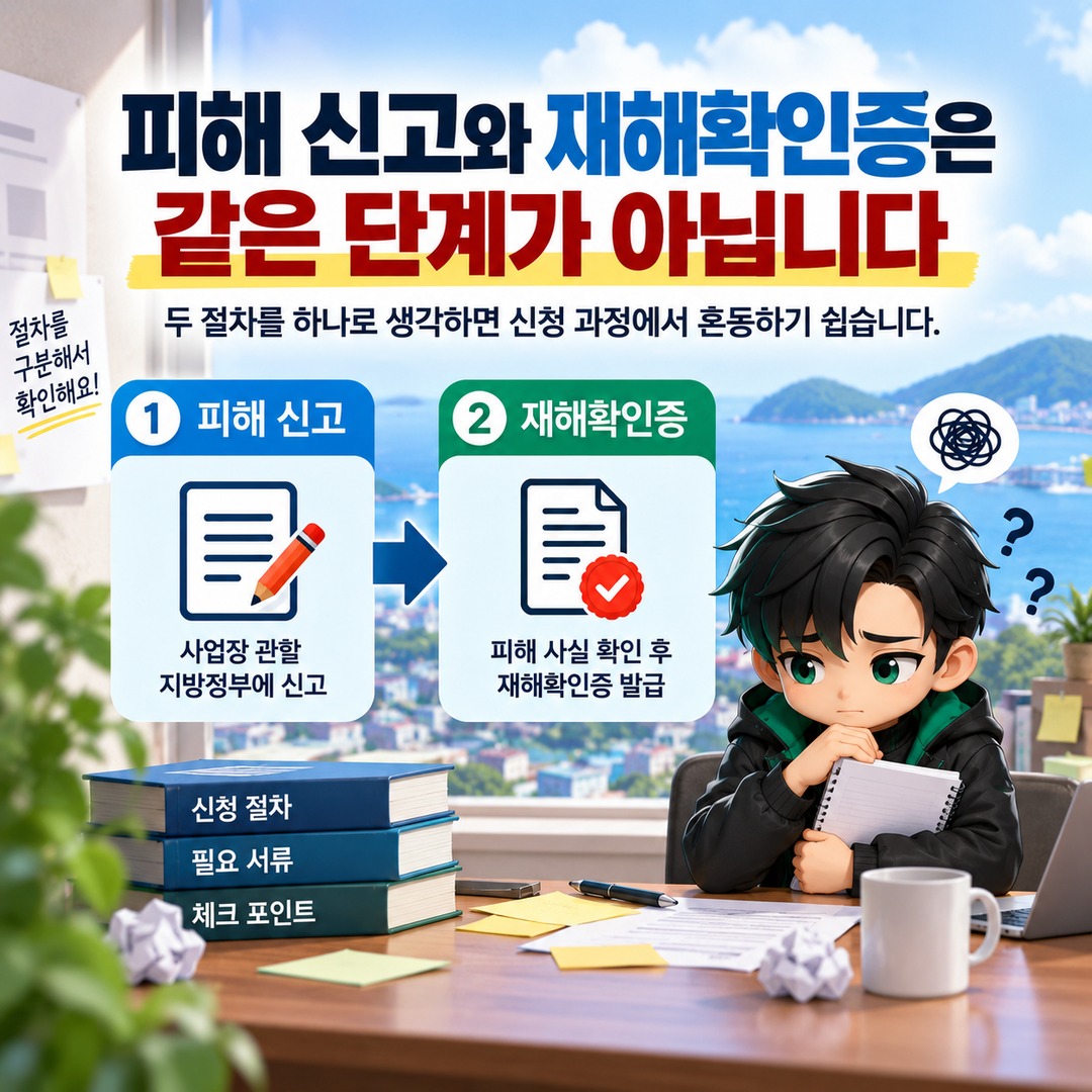 거제·통영 재해확인증 어디서 발급받나? 소상공인은 피해신고부터 해야 합니다 - 피해 신고와 재해확인증은 같은 단계가 아닙니다 핵심 내용을 정리한 정보형 이미지
