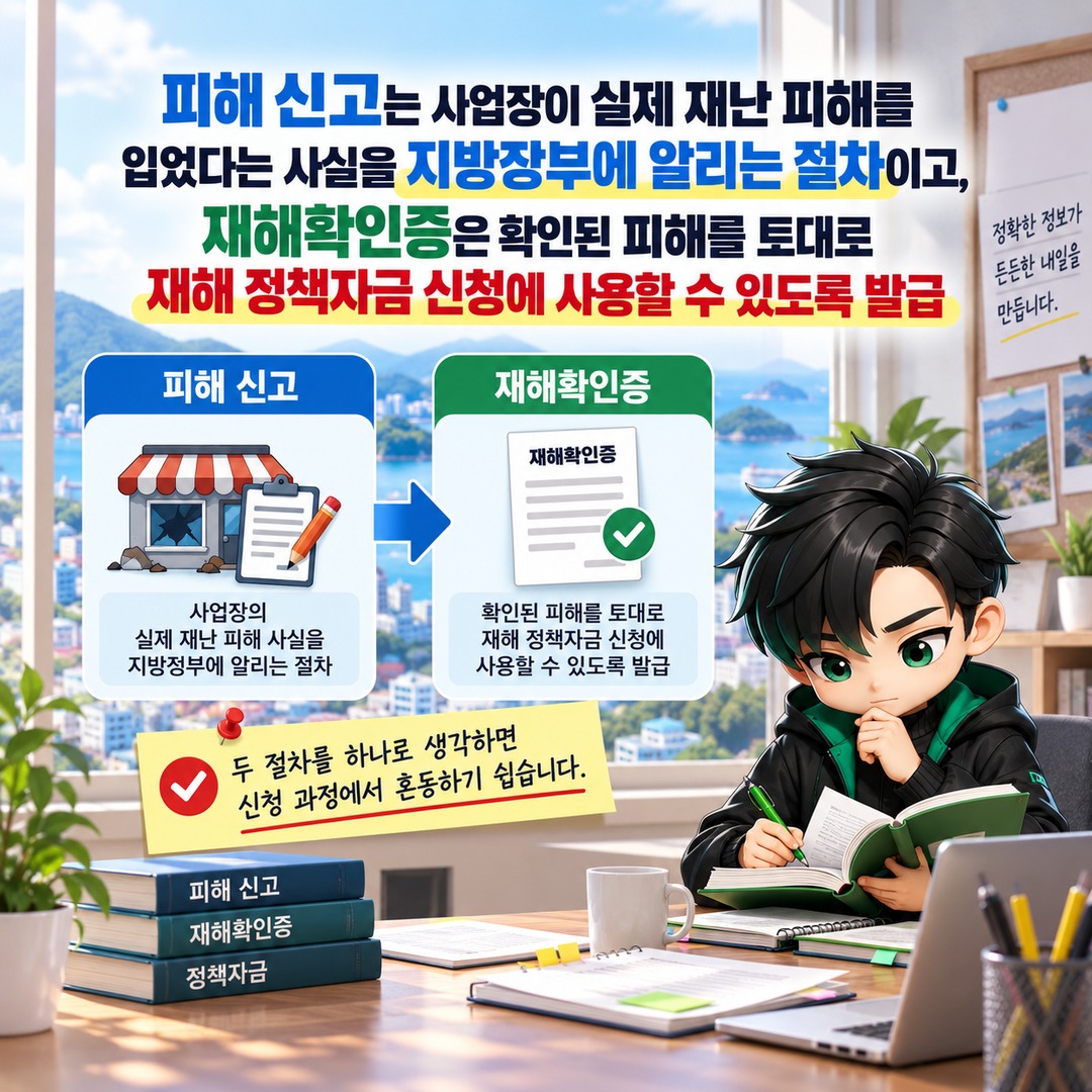 거제·통영 재해확인증 어디서 발급받나? 소상공인은 피해신고부터 해야 합니다 - 피해 신고는 사업장이 실제 재난 피해를 입었다는 사실을 지방정부에 알리는 절차이고, 재해확인증은 확인된 피해를 토대로 재해 정책자금 신청에 사용할 수 있도록 발급 핵심 내용을 정리한 정보형 이미지