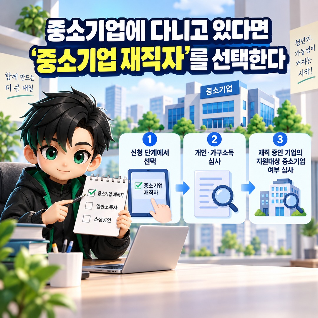 청년미래적금 신청 유형, 일반소득자·중소기업 재직자·소상공인 중 무엇을 선택할까 - 중소기업에 다니고 있다면 ‘중소기업 재직자’를 선택한다 핵심 내용을 정리한 정보형 이미지