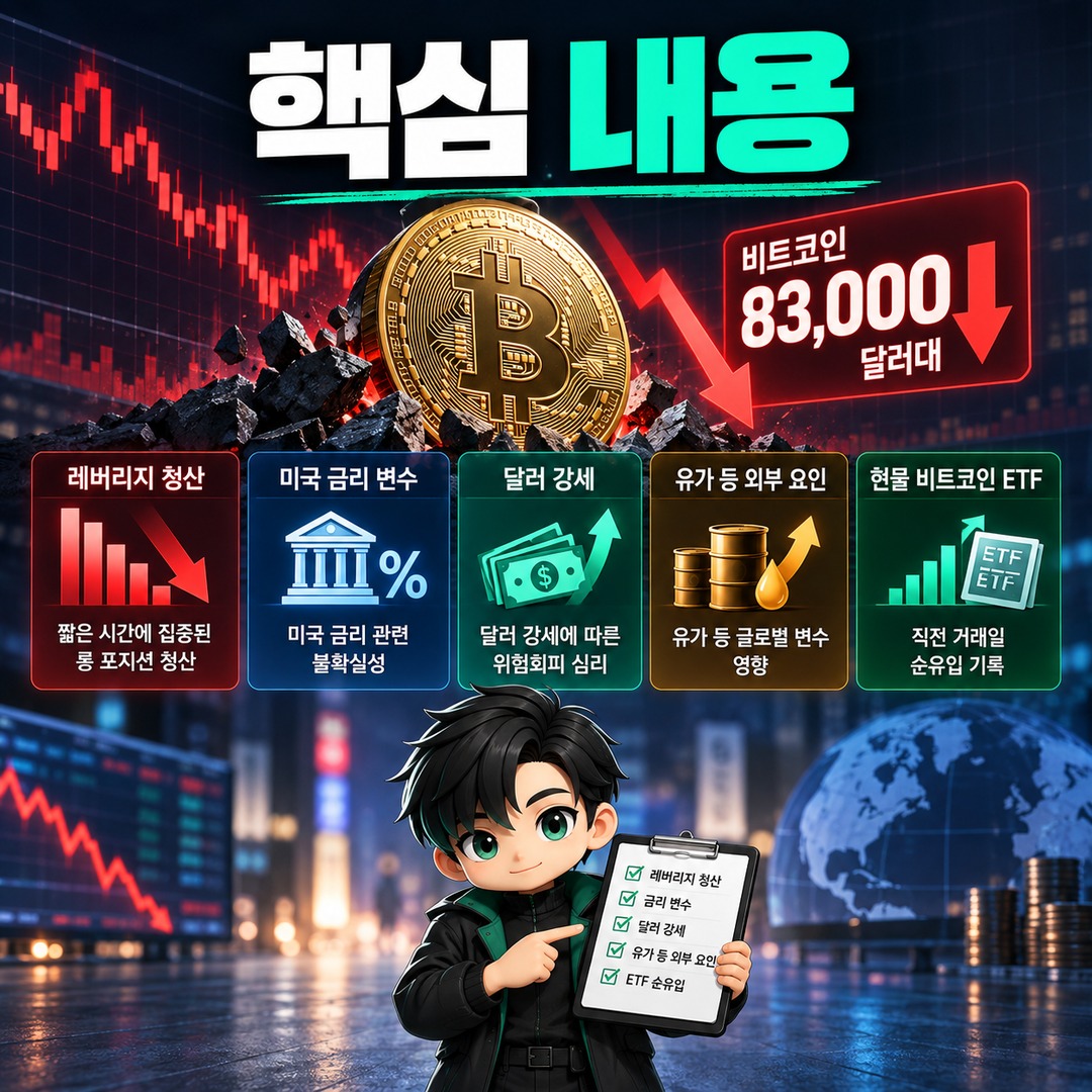 비트코인 하락 이유, 8만3천달러대 급락 때 확인된 레버리지 청산·금리 변수 - 핵심 내용 핵심 내용을 정리한 정보형 이미지