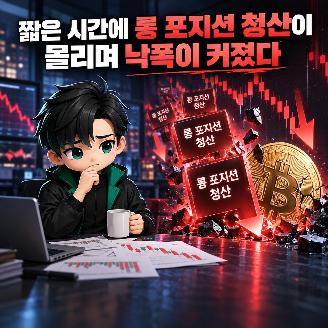 비트코인 하락 이유, 8만3천달러대 급락 때 확인된 레버리지 청산·금리 변수 - 짧은 시간에 롱 포지션 청산이 몰리며 낙폭이 커졌다 핵심 내용을 정리한 정보형 이미지