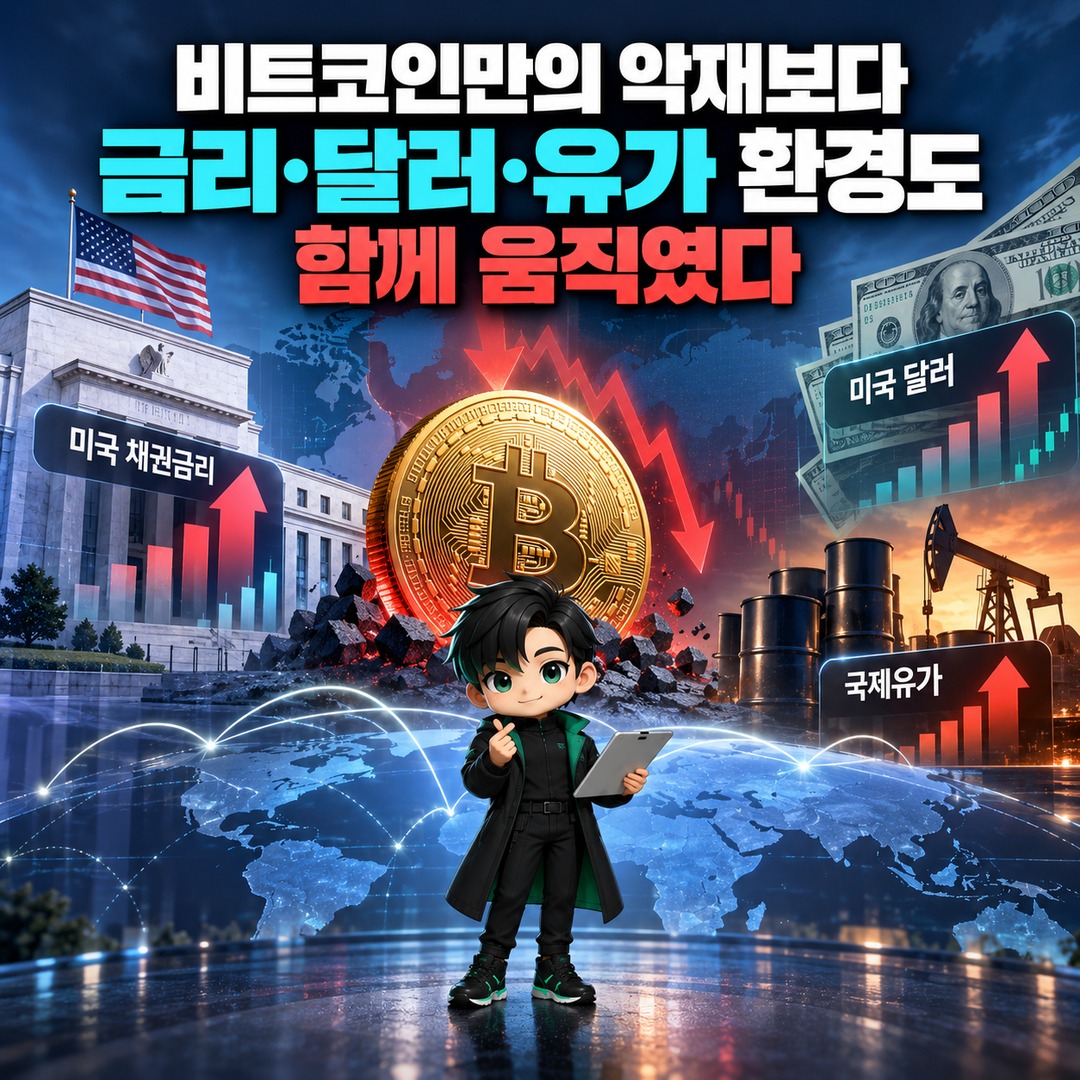 비트코인 하락 이유, 8만3천달러대 급락 때 확인된 레버리지 청산·금리 변수 - 비트코인만의 악재보다 금리·달러·유가 환경도 함께 움직였다 핵심 내용을 정리한 정보형 이미지