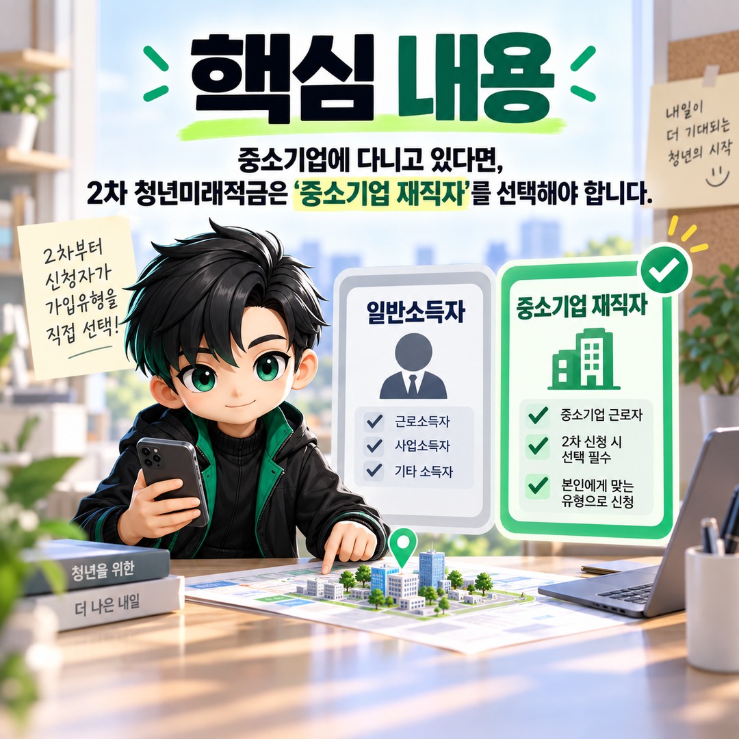 청년미래적금 중소기업 재직자인데 일반소득자 선택해도 될까? 2차는 ‘중소기업 재직자’를 골라야 합니다 - 핵심 내용 핵심 내용을 정리한 정보형 이미지