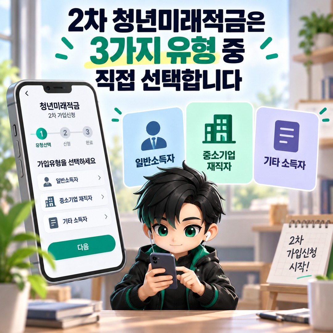청년미래적금 중소기업 재직자인데 일반소득자 선택해도 될까? 2차는 ‘중소기업 재직자’를 골라야 합니다 - 2차 청년미래적금은 3가지 유형 중 직접 선택합니다 핵심 내용을 정리한 정보형 이미지
