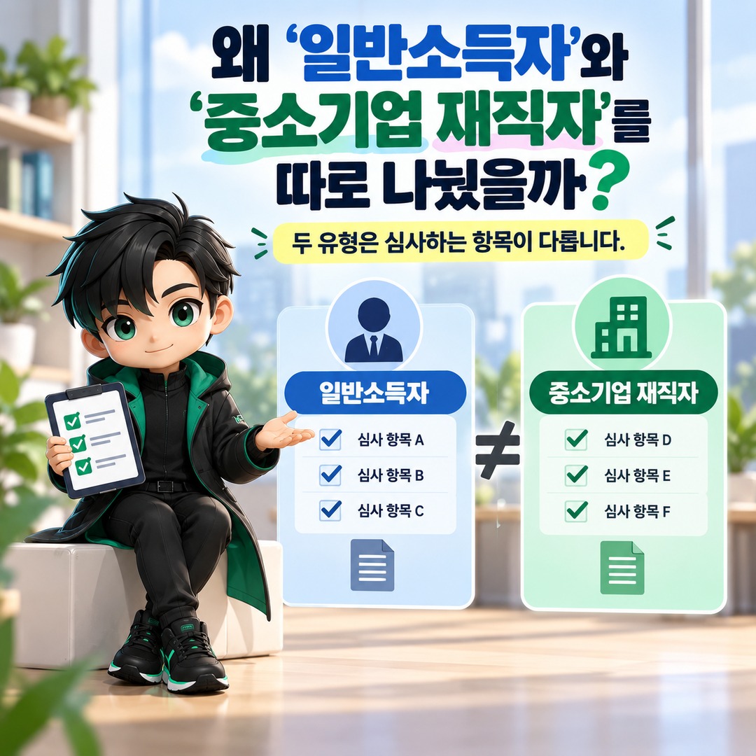 청년미래적금 중소기업 재직자인데 일반소득자 선택해도 될까? 2차는 ‘중소기업 재직자’를 골라야 합니다 - 왜 ‘일반소득자’와 ‘중소기업 재직자’를 따로 나눴을까 핵심 내용을 정리한 정보형 이미지