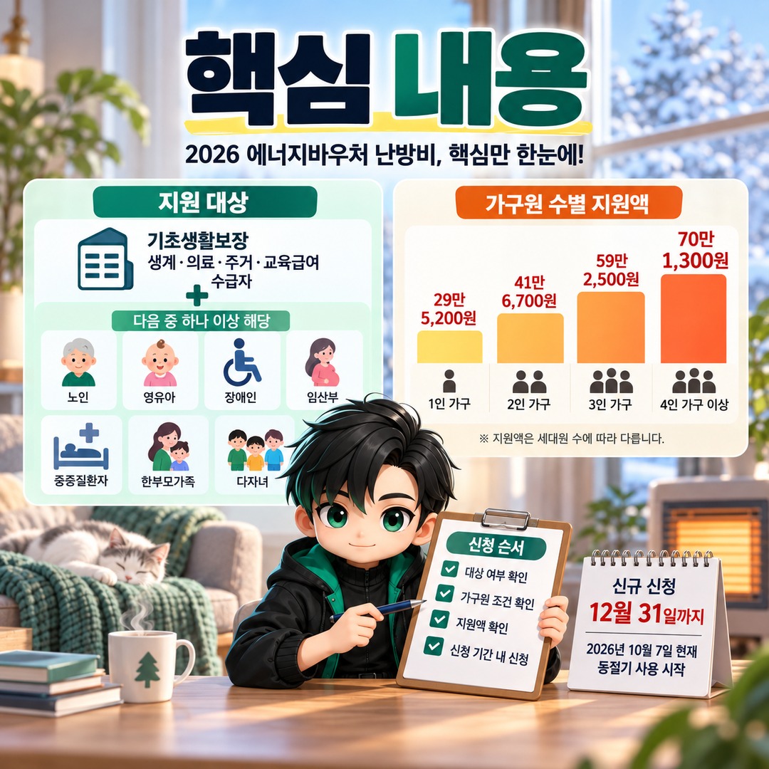 2026 에너지바우처 난방비, 나는 받을 수 있나? 가구원별 최대 70만1300원과 신청 조건 - 핵심 내용 핵심 내용을 정리한 정보형 이미지