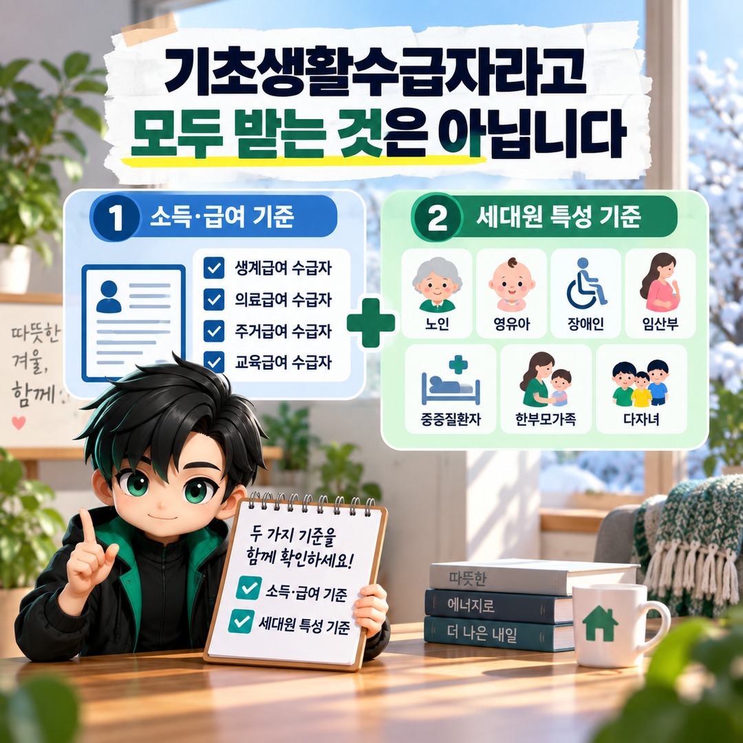 2026 에너지바우처 난방비, 나는 받을 수 있나? 가구원별 최대 70만1300원과 신청 조건 - 기초생활수급자라고 모두 받는 것은 아닙니다 핵심 내용을 정리한 정보형 이미지