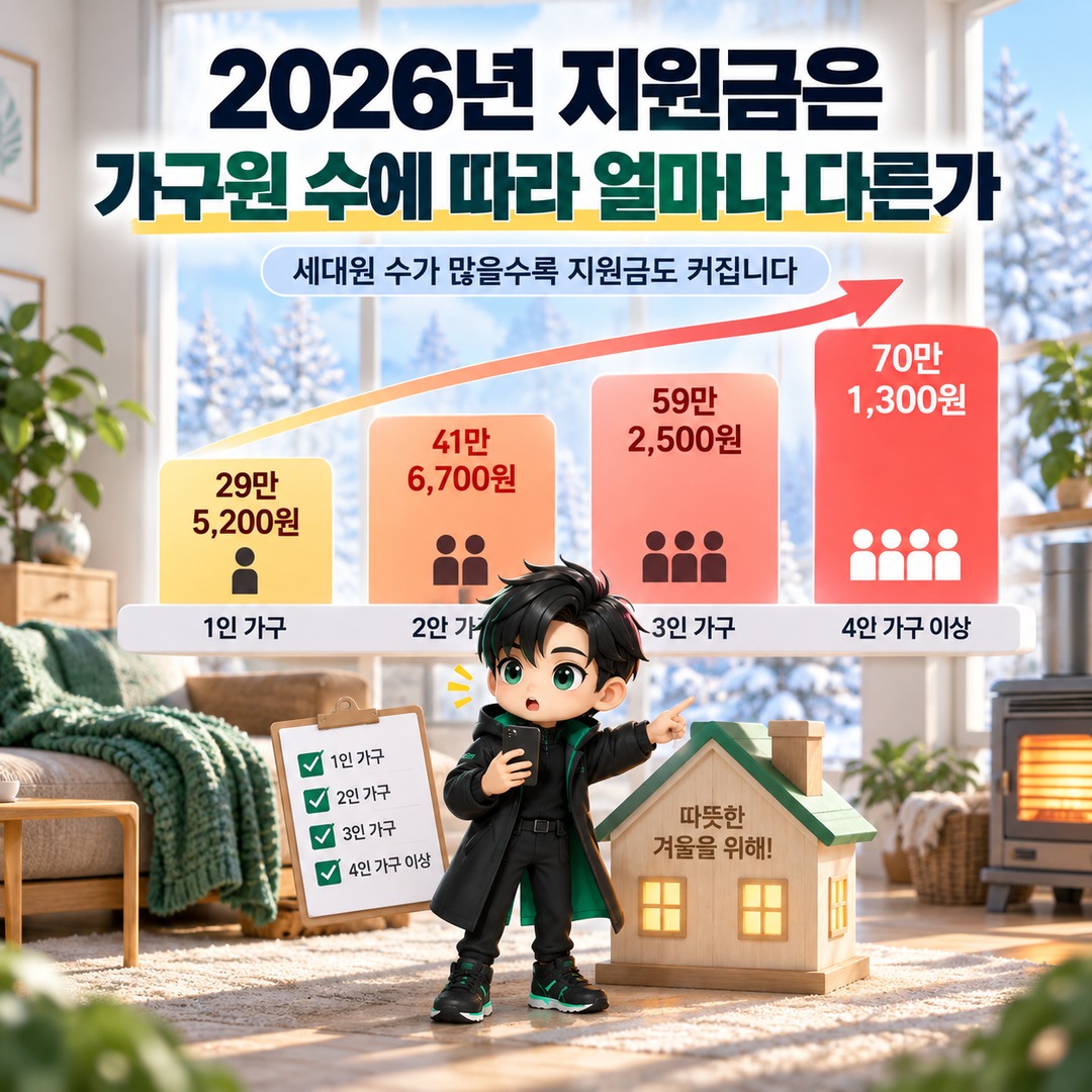 2026 에너지바우처 난방비, 나는 받을 수 있나? 가구원별 최대 70만1300원과 신청 조건 - 2026년 지원금은 가구원 수에 따라 얼마나 다른가 핵심 내용을 정리한 정보형 이미지