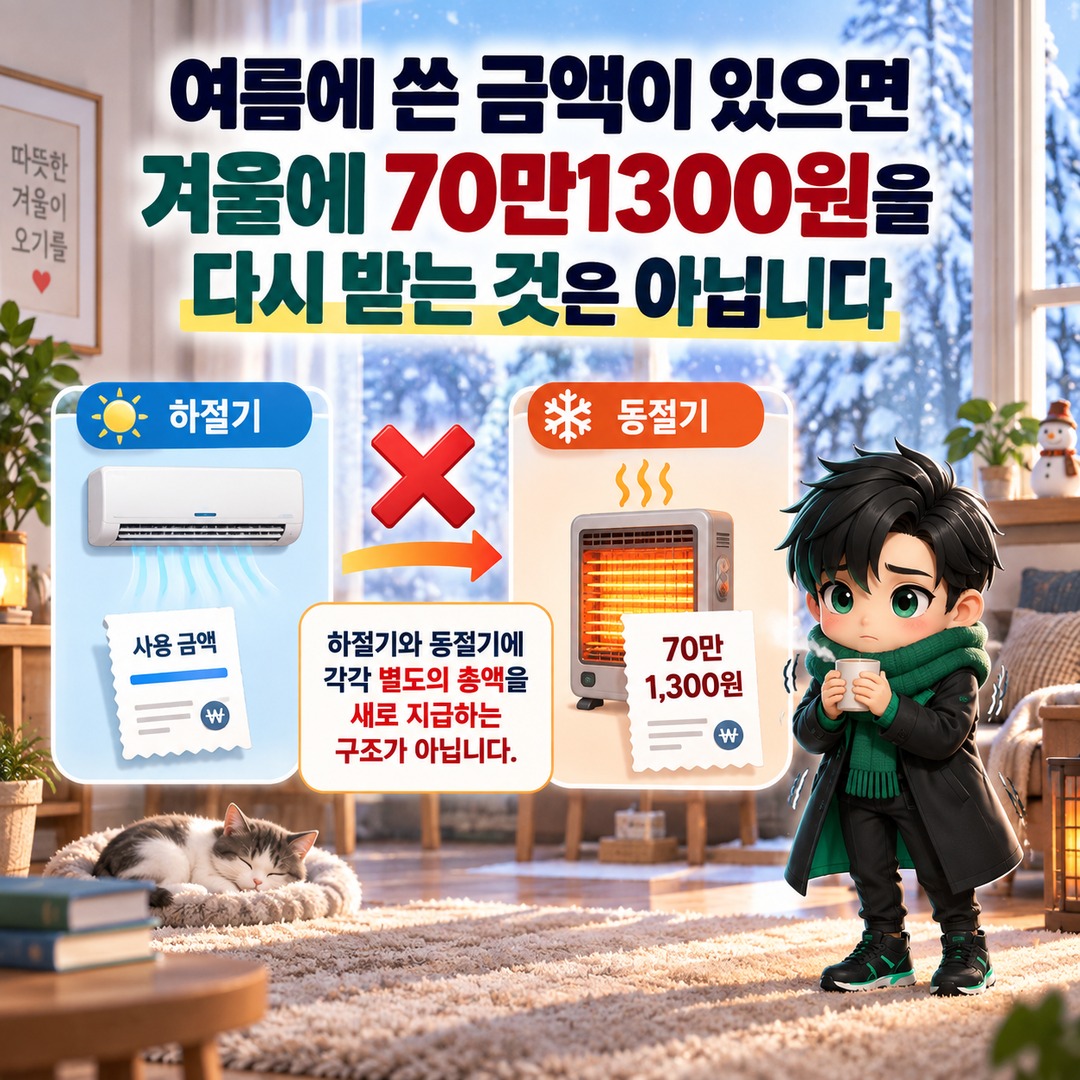 2026 에너지바우처 난방비, 나는 받을 수 있나? 가구원별 최대 70만1300원과 신청 조건 - 여름에 쓴 금액이 있으면 겨울에 70만1300원을 다시 받는 것은 아닙니다 핵심 내용을 정리한 정보형 이미지