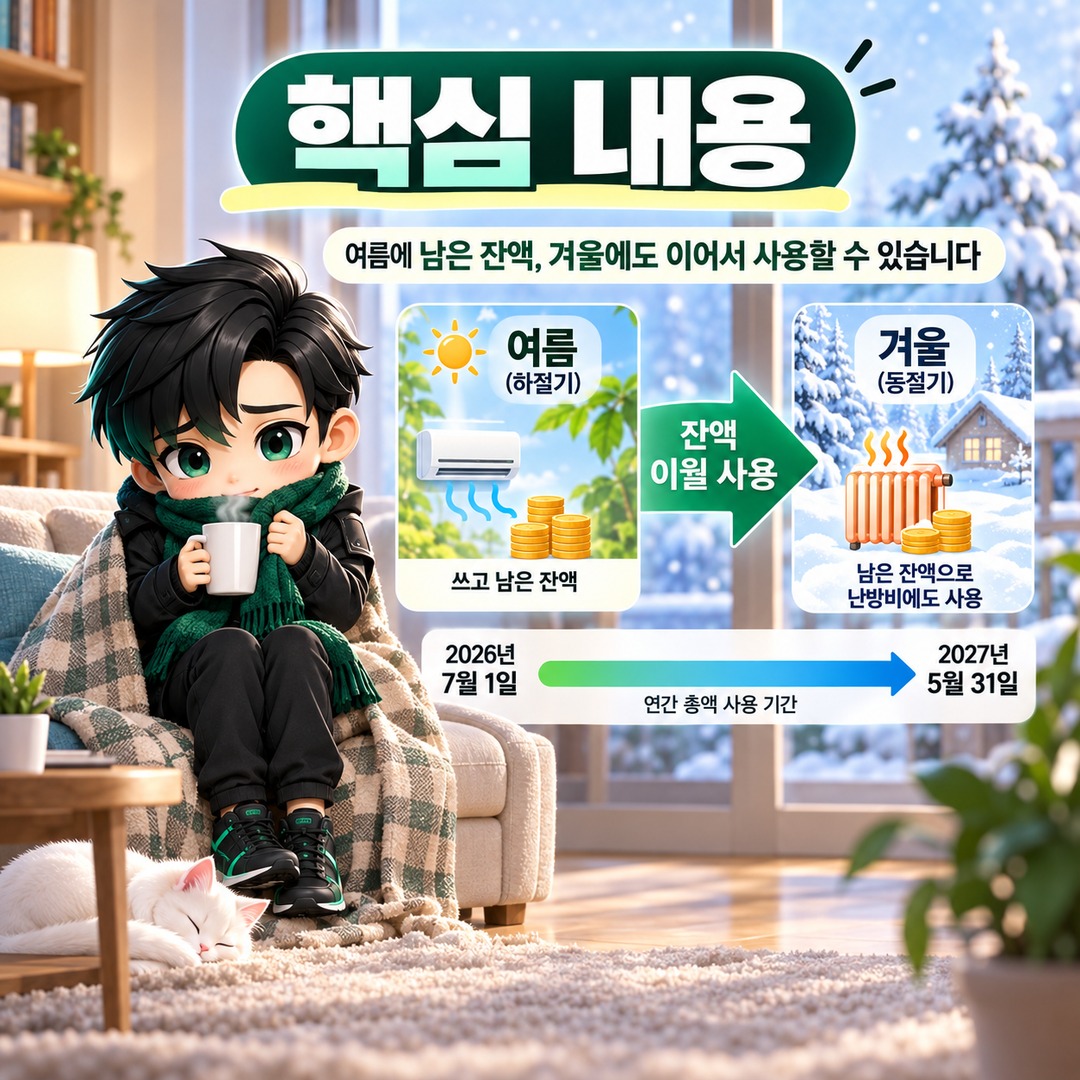 2026 에너지바우처 여름에 남은 잔액, 겨울 난방비로 쓸 수 있나? 9월 30일에 사라지지 않습니다 - 핵심 내용 핵심 내용을 정리한 정보형 이미지
