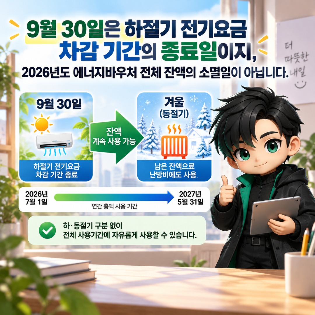2026 에너지바우처 여름에 남은 잔액, 겨울 난방비로 쓸 수 있나? 9월 30일에 사라지지 않습니다 - 9월 30일은 하절기 전기요금 차감 기간의 종료일이지, 2026년도 에너지바우처 전체 잔액의 소멸일이 아닙니다. 핵심 내용을 정리한 정보형 이미지