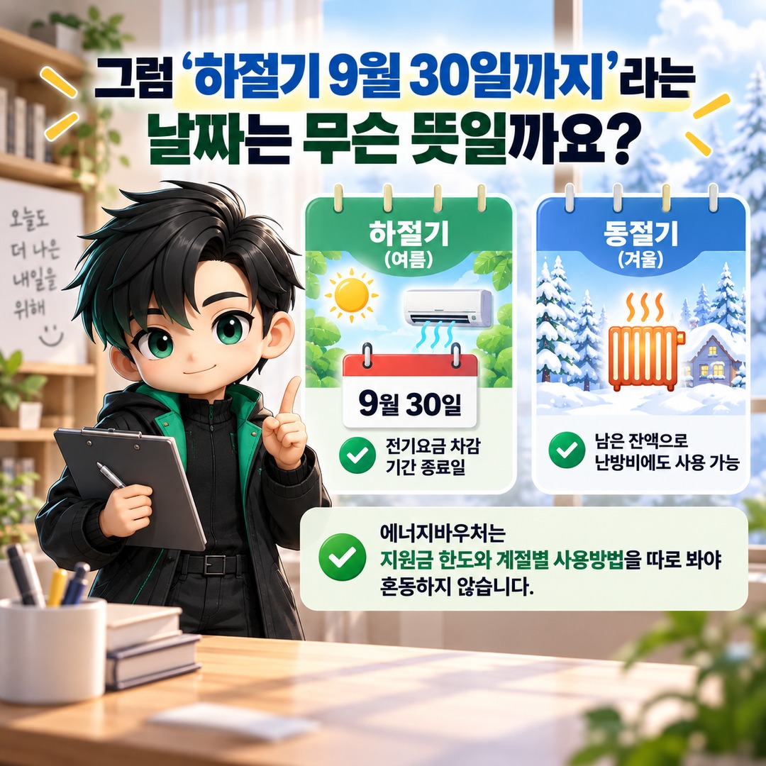 2026 에너지바우처 여름에 남은 잔액, 겨울 난방비로 쓸 수 있나? 9월 30일에 사라지지 않습니다 - 그럼 ‘하절기 9월 30일까지’라는 날짜는 무슨 뜻일까요? 핵심 내용을 정리한 정보형 이미지