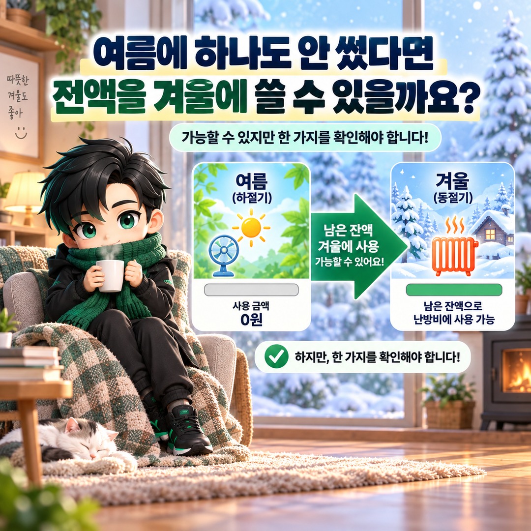 2026 에너지바우처 여름에 남은 잔액, 겨울 난방비로 쓸 수 있나? 9월 30일에 사라지지 않습니다 - 여름에 하나도 안 썼다면 전액을 겨울에 쓸 수 있을까요? 핵심 내용을 정리한 정보형 이미지