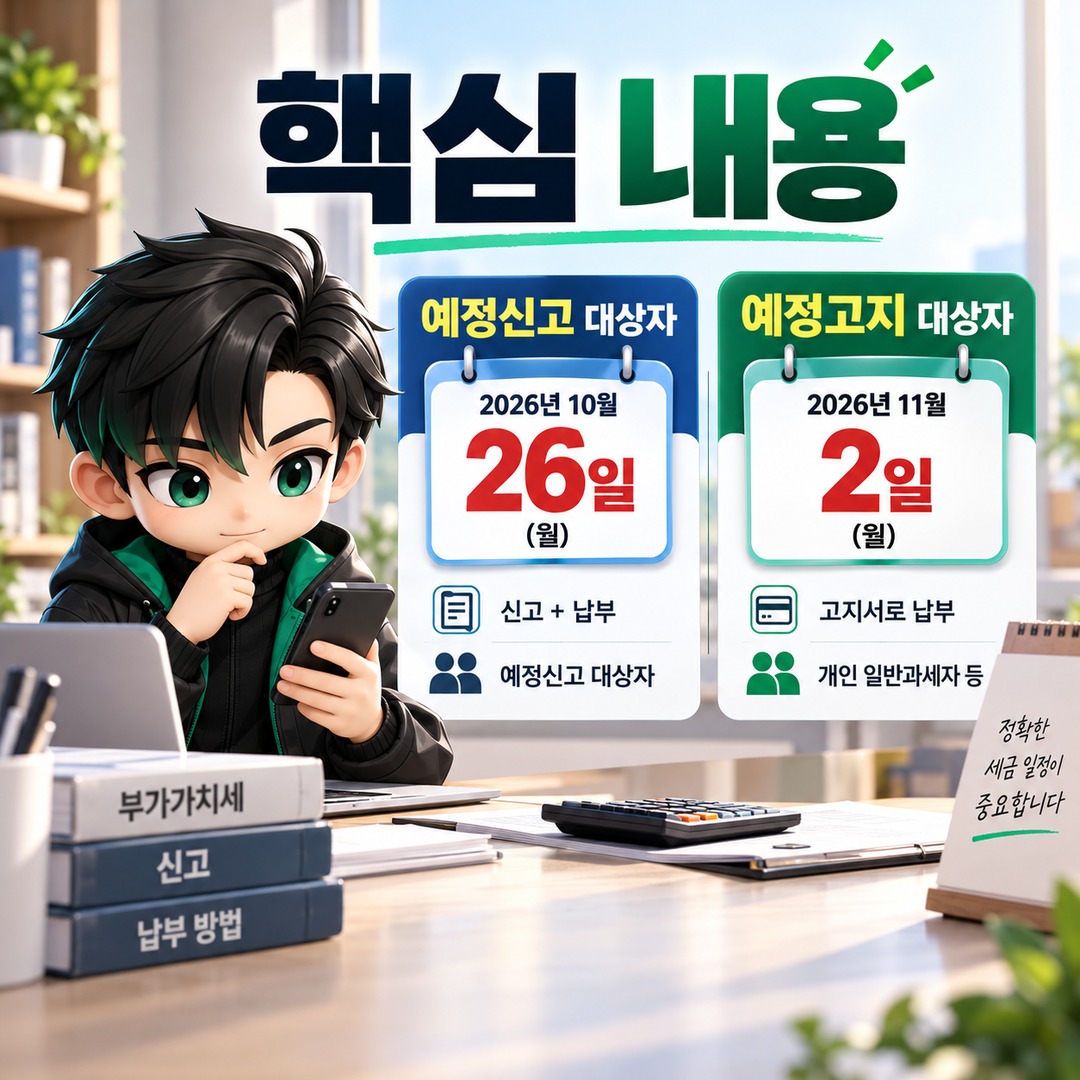 2026년 10월 부가세 예정고지 11월 2일까지, 10월 26일 신고와 다른 대상·납부 방법 - 핵심 내용 핵심 내용을 정리한 정보형 이미지