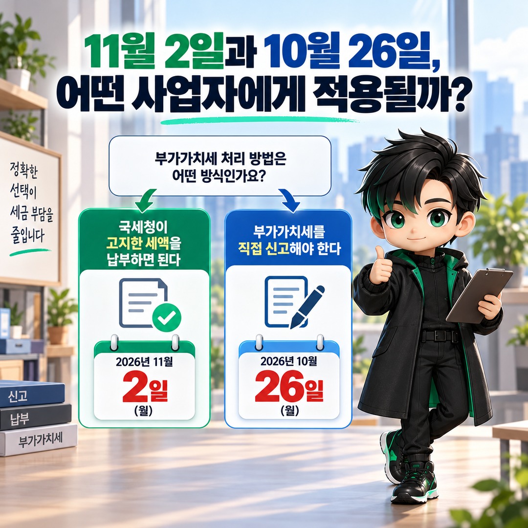 2026년 10월 부가세 예정고지 11월 2일까지, 10월 26일 신고와 다른 대상·납부 방법 - 11월 2일과 10월 26일, 어떤 사업자에게 적용될까? 핵심 내용을 정리한 정보형 이미지