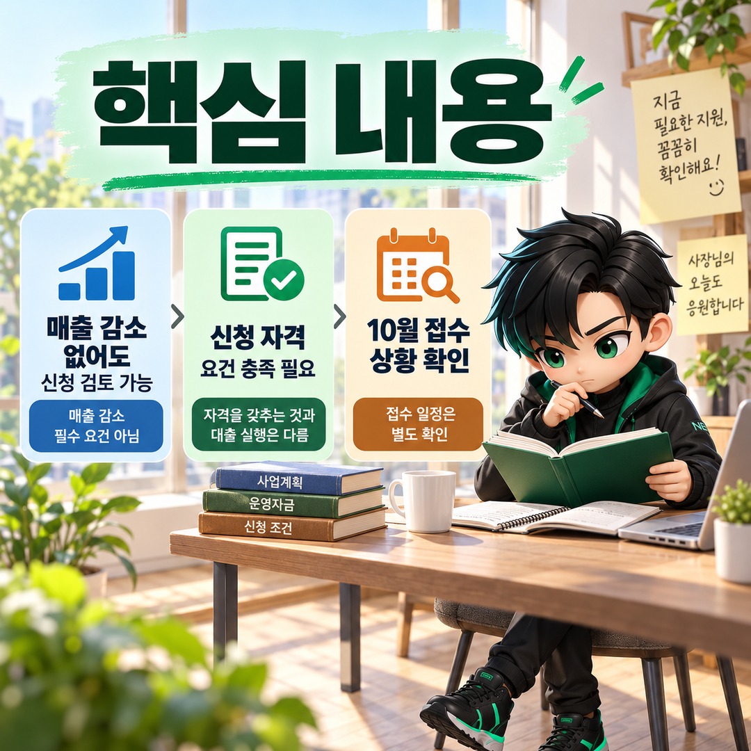 2026년 10월 소상공인 일반경영안정자금, 매출 감소 없이 신청할 때 확인할 조건 - 핵심 내용 핵심 내용을 정리한 정보형 이미지