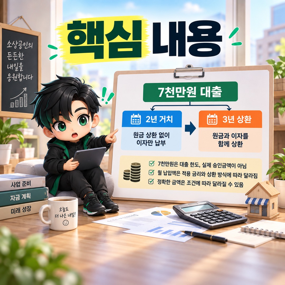 2026 소상공인 일반경영안정자금 7천만원 받으면 매달 얼마 갚을까? 2년 거치·3년 상환 계산 - 핵심 내용 핵심 내용을 정리한 정보형 이미지
