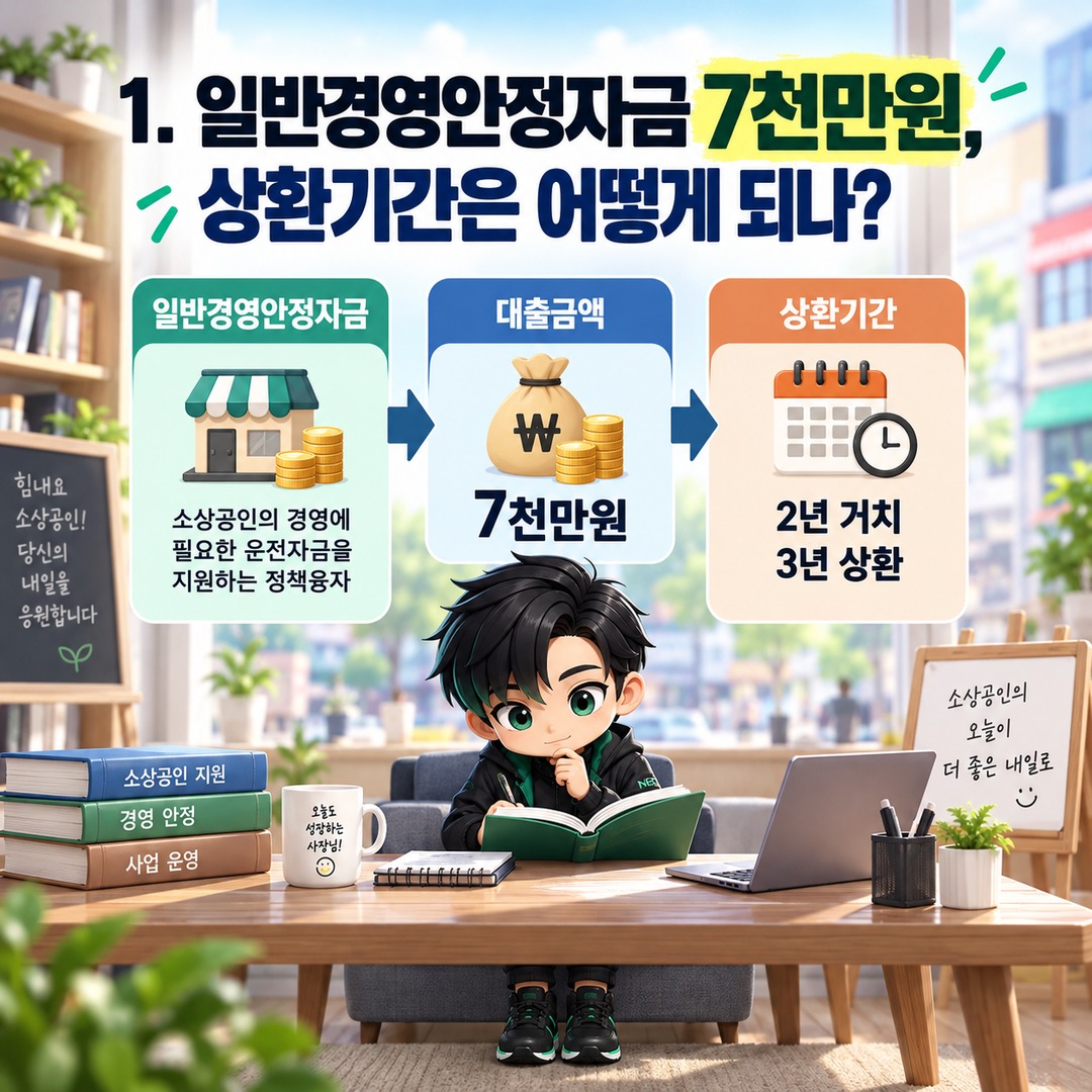 2026 소상공인 일반경영안정자금 7천만원 받으면 매달 얼마 갚을까? 2년 거치·3년 상환 계산 - 1. 일반경영안정자금 7천만원, 상환기간은 어떻게 되나? 핵심 내용을 정리한 정보형 이미지