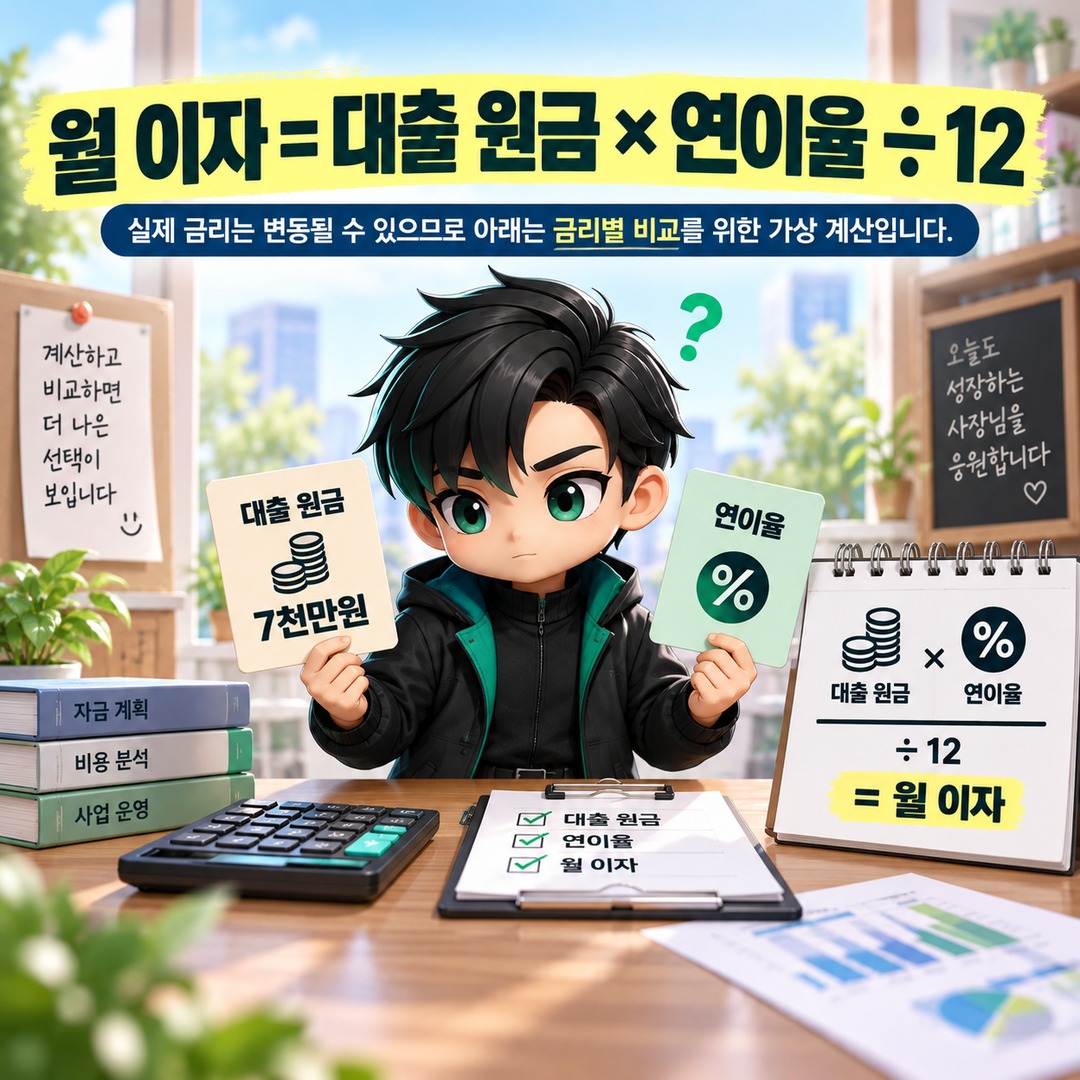 2026 소상공인 일반경영안정자금 7천만원 받으면 매달 얼마 갚을까? 2년 거치·3년 상환 계산 - 월 이자 = 대출 원금 × 연이율 ÷ 12 핵심 내용을 정리한 정보형 이미지