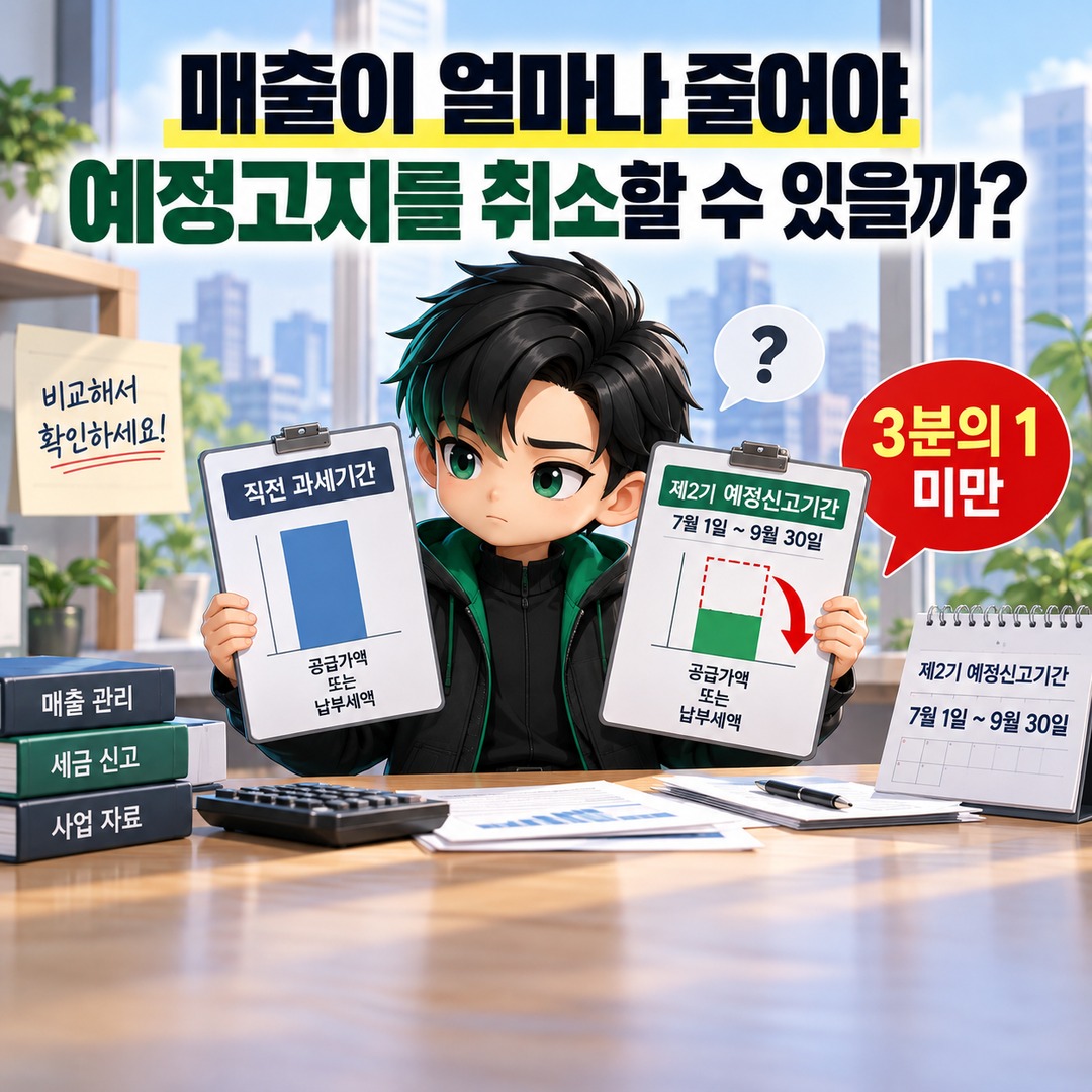 2026년 10월 부가세 예정고지, 매출 감소 시 고지세액 취소되는 조건과 신고기한 - 매출이 얼마나 줄어야 예정고지를 취소할 수 있을까? 핵심 내용을 정리한 정보형 이미지