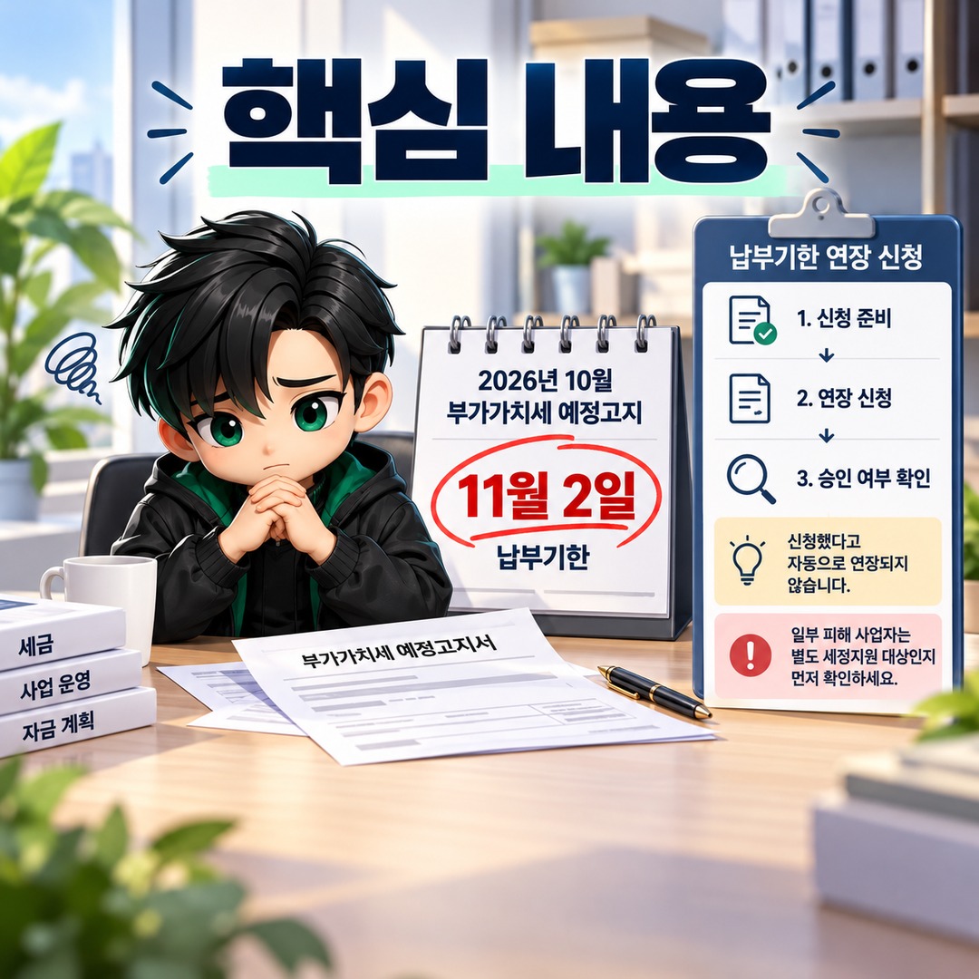 2026년 10월 부가세 예정고지 납부기한은 11월 2일, 못 낼 때 연장 신청하는 방법 - 핵심 내용 핵심 내용을 정리한 정보형 이미지