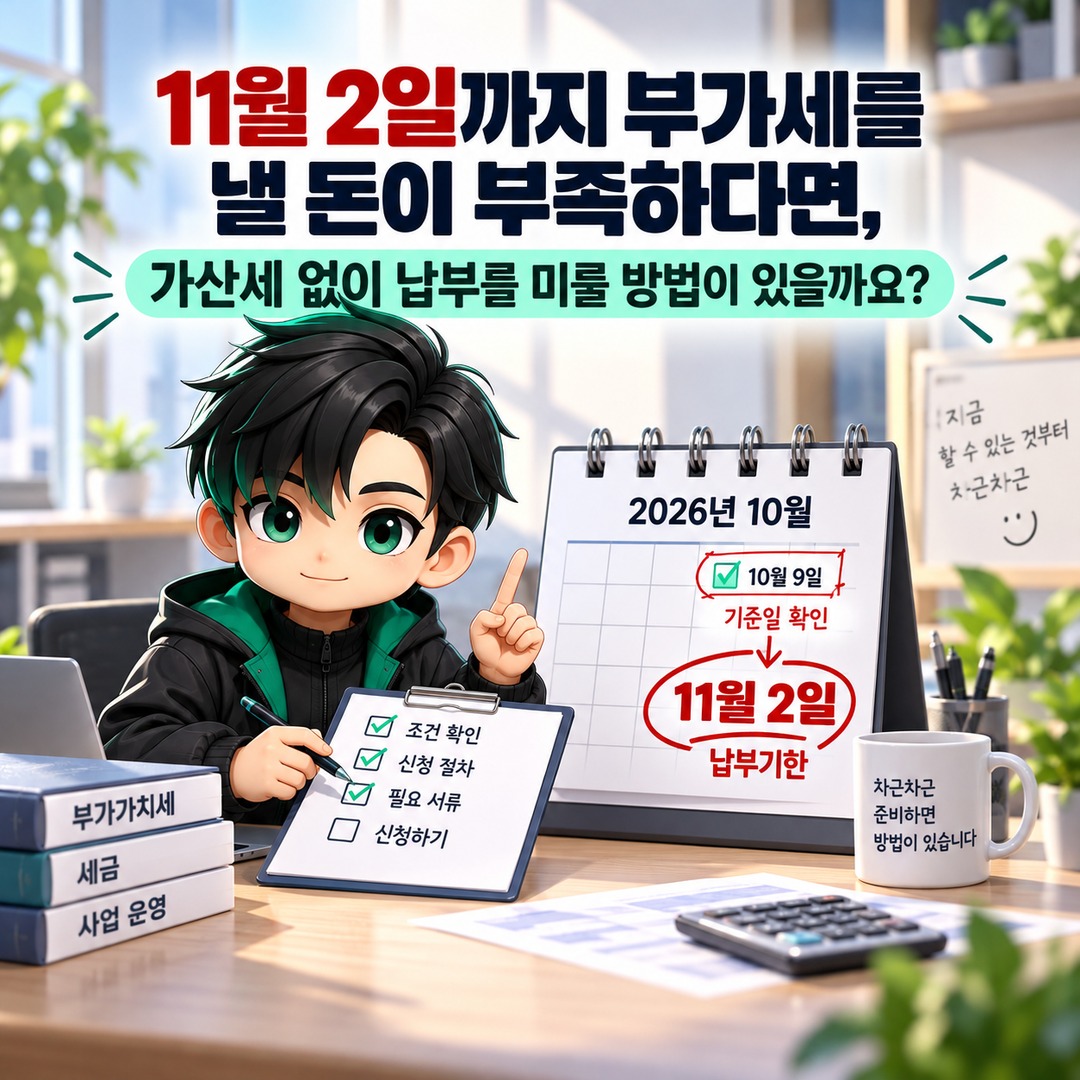 2026년 10월 부가세 예정고지 납부기한은 11월 2일, 못 낼 때 연장 신청하는 방법 - 11월 2일까지 부가세를 낼 돈이 부족하다면, 가산세 없이 납부를 미룰 방법이 있을까요? 핵심 내용을 정리한 정보형 이미지