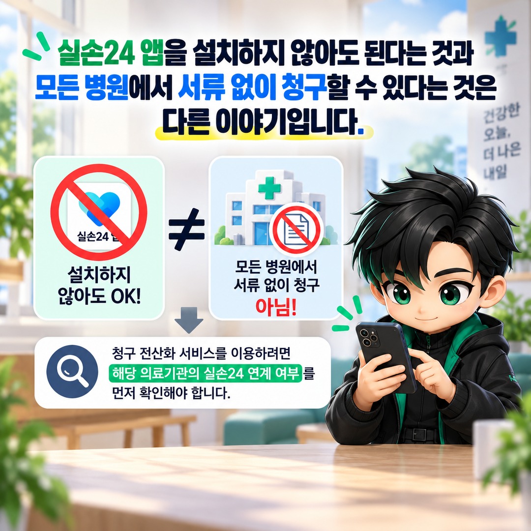 실손보험 청구 네이버·토스에서 바로 가능, 실손24 앱 없이 병원 찾는 방법 - 실손24 앱을 설치하지 않아도 된다는 것과 모든 병원에서 서류 없이 청구할 수 있다는 것은 다른 이야기입니다. 핵심 내용을 정리한 정보형 이미지
