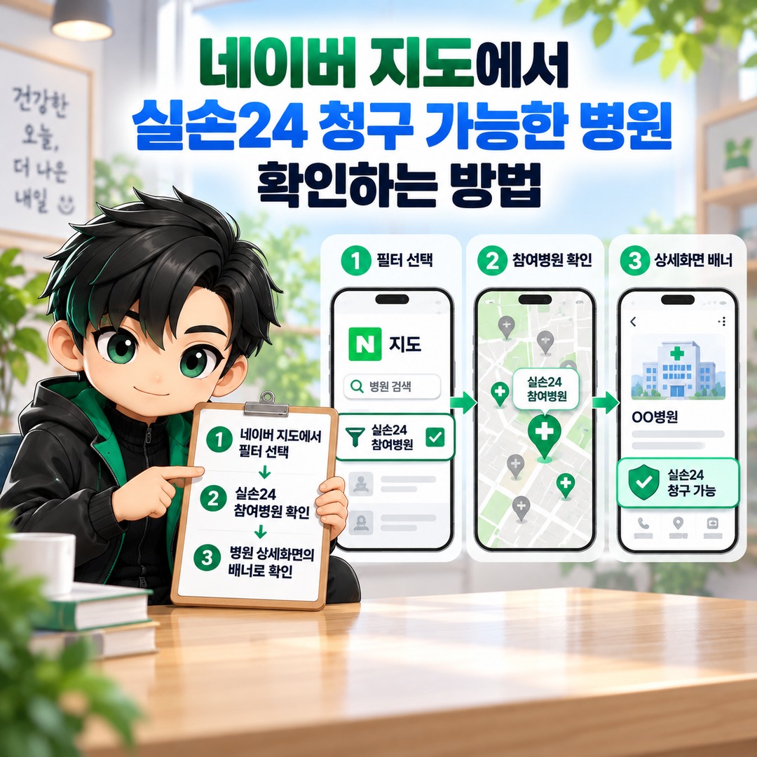 실손보험 청구 네이버·토스에서 바로 가능, 실손24 앱 없이 병원 찾는 방법 - 네이버 지도에서 실손24 청구 가능한 병원 확인하는 방법 핵심 내용을 정리한 정보형 이미지