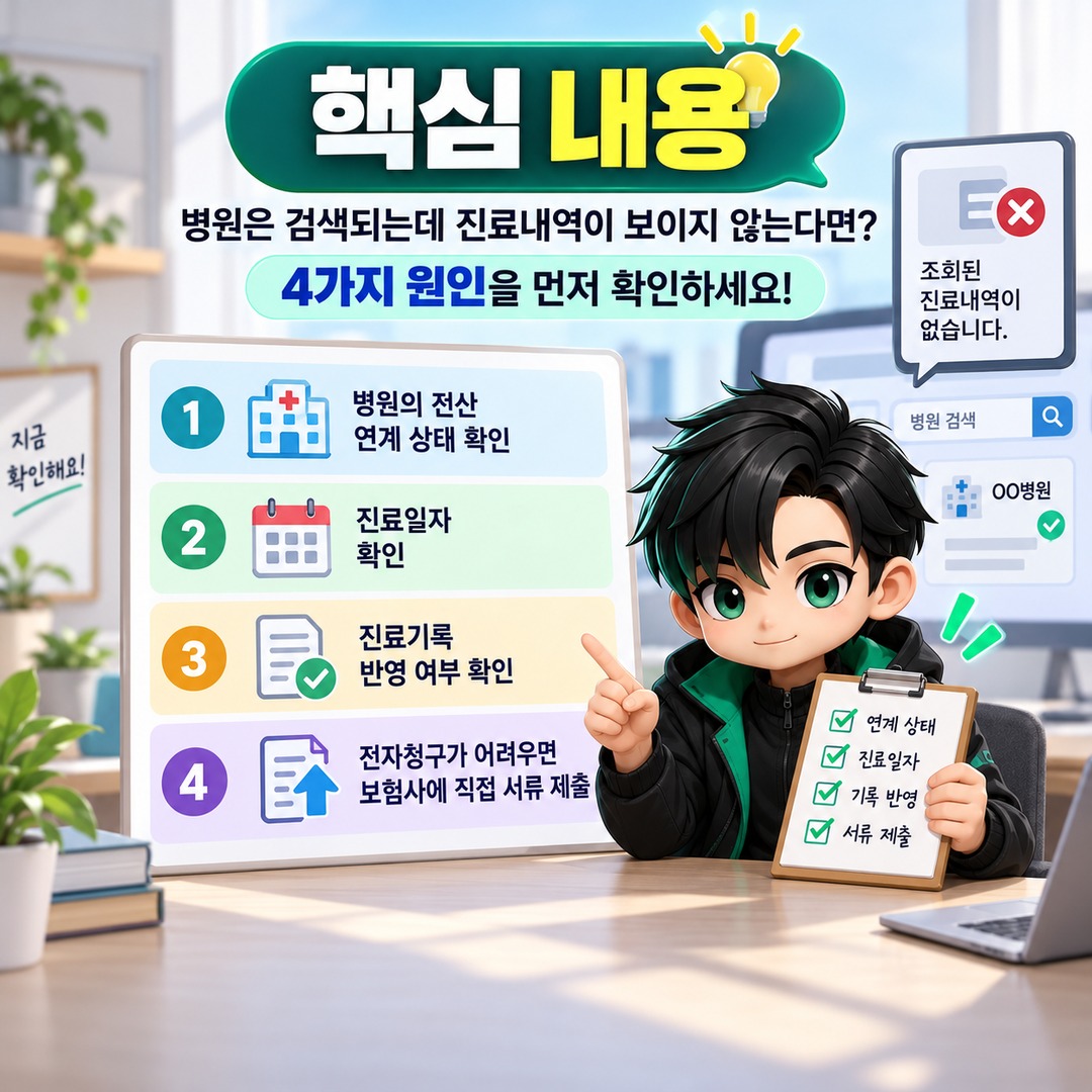 실손24 병원은 나오는데 진료내역이 없다면? 조회 안 되는 4가지 원인과 해결 방법 - 핵심 내용 핵심 내용을 정리한 정보형 이미지