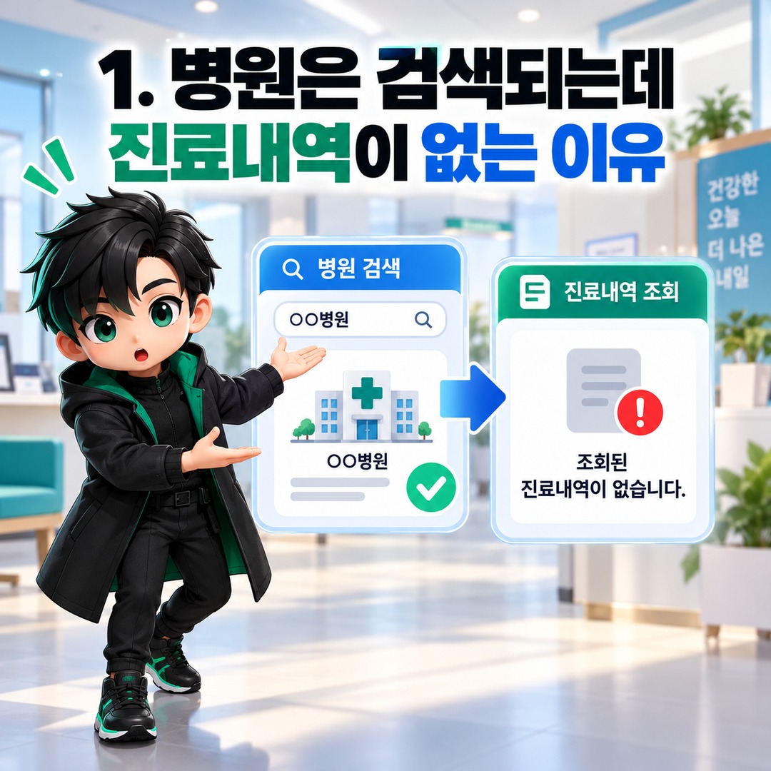 실손24 병원은 나오는데 진료내역이 없다면? 조회 안 되는 4가지 원인과 해결 방법 - 1. 병원은 검색되는데 진료내역이 없는 이유 핵심 내용을 정리한 정보형 이미지
