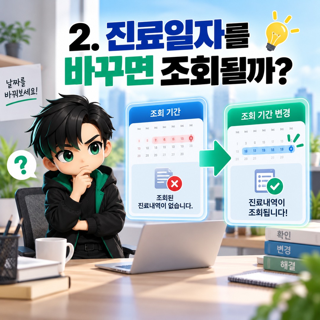 실손24 병원은 나오는데 진료내역이 없다면? 조회 안 되는 4가지 원인과 해결 방법 - 2. 진료일자를 바꾸면 조회될까? 핵심 내용을 정리한 정보형 이미지
