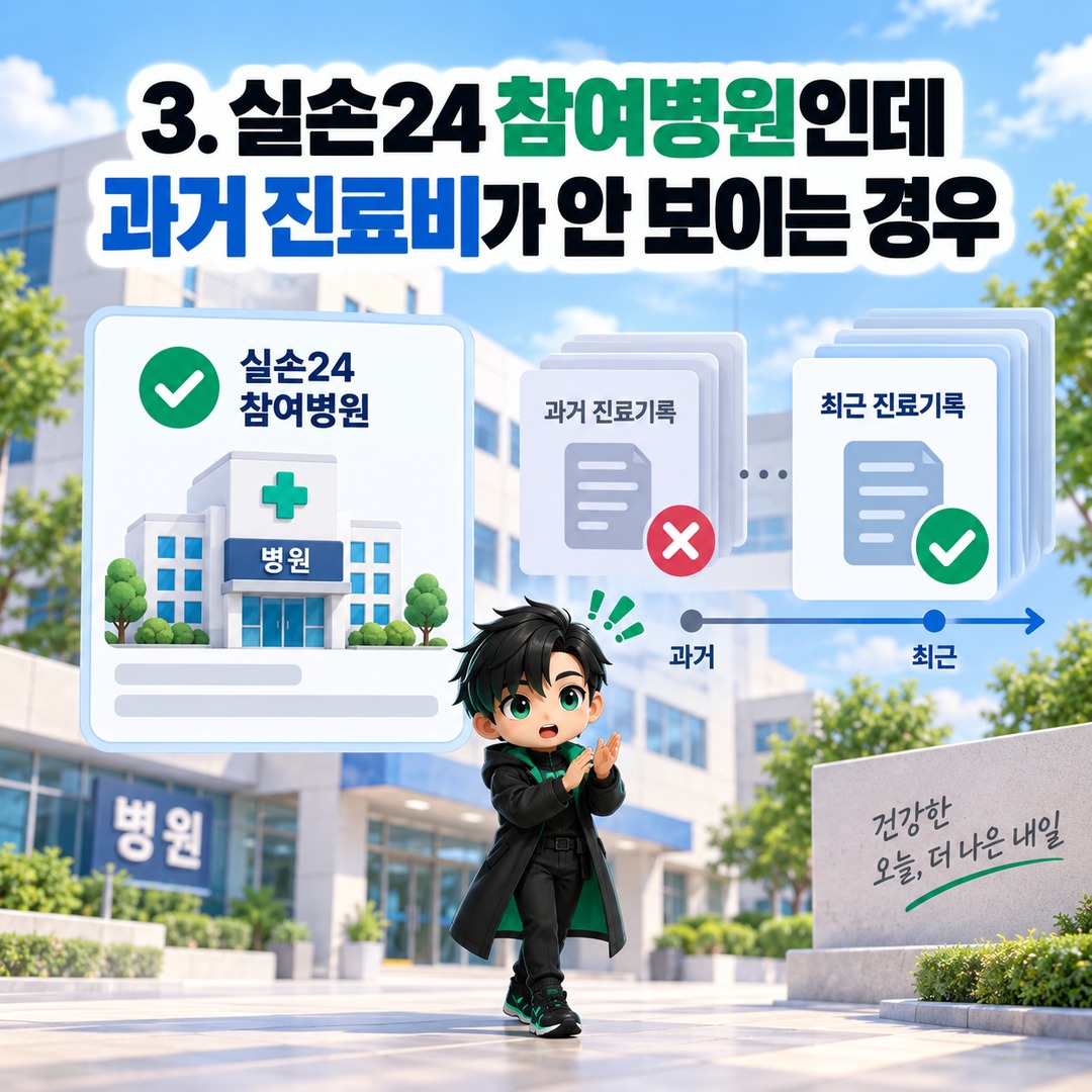 실손24 병원은 나오는데 진료내역이 없다면? 조회 안 되는 4가지 원인과 해결 방법 - 3. 실손24 참여병원인데 과거 진료비가 안 보이는 경우 핵심 내용을 정리한 정보형 이미지