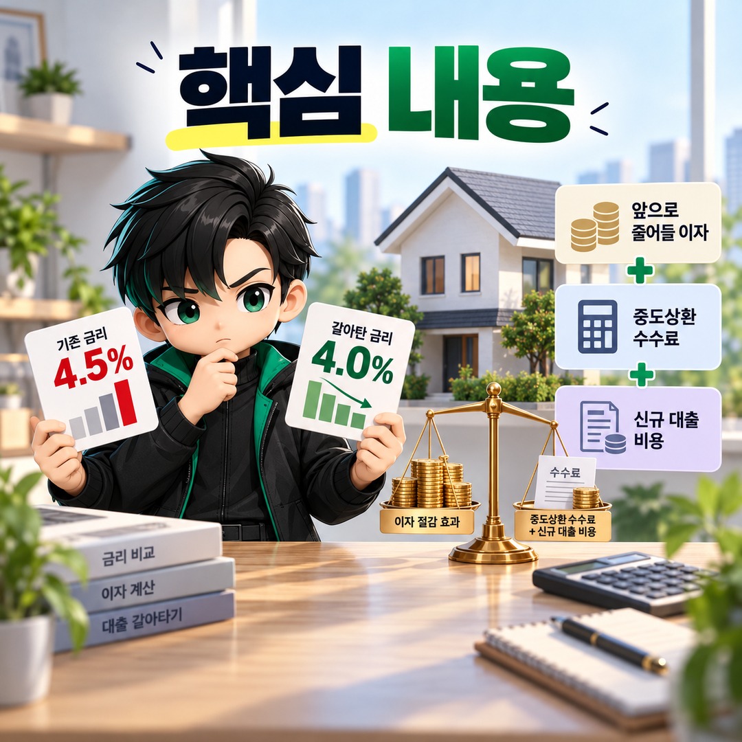 주택담보대출 3년 전 갈아타기, 금리 0.5%p 낮아지면 중도상환수수료 내고도 이득일까? - 핵심 내용 핵심 내용을 정리한 정보형 이미지