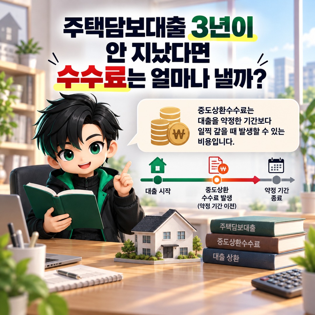 주택담보대출 3년 전 갈아타기, 금리 0.5%p 낮아지면 중도상환수수료 내고도 이득일까? - 주택담보대출 3년이 안 지났다면 수수료는 얼마나 낼까? 핵심 내용을 정리한 정보형 이미지