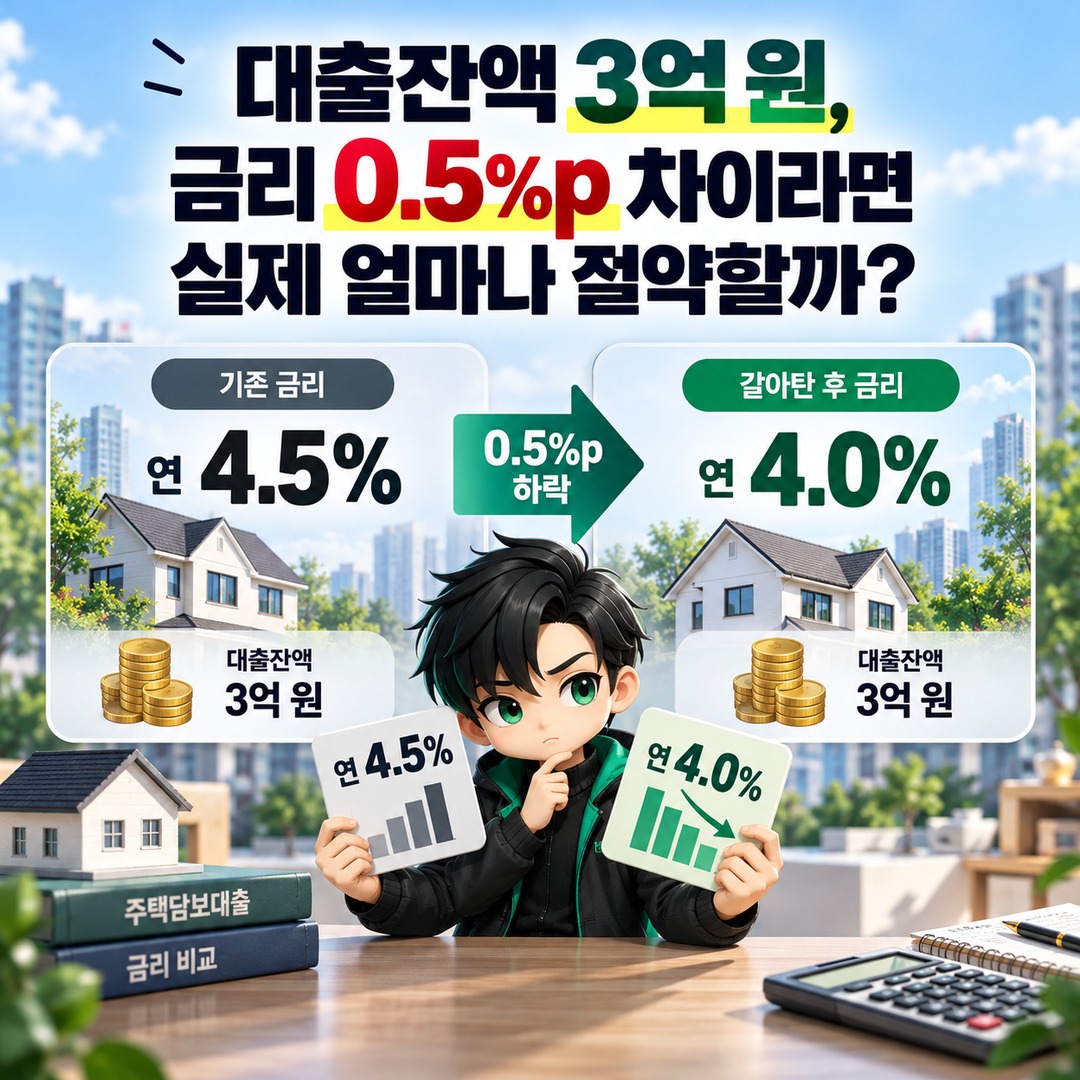 주택담보대출 3년 전 갈아타기, 금리 0.5%p 낮아지면 중도상환수수료 내고도 이득일까? - 대출잔액 3억 원, 금리 0.5%p 차이라면 실제 얼마나 절약할까? 핵심 내용을 정리한 정보형 이미지