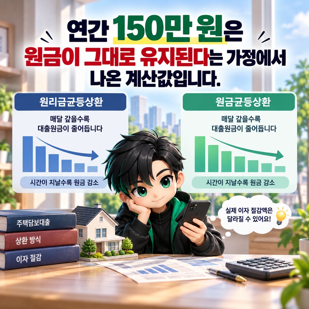 주택담보대출 3년 전 갈아타기, 금리 0.5%p 낮아지면 중도상환수수료 내고도 이득일까? - 연간 150만 원은 원금이 그대로 유지된다는 가정에서 나온 계산값입니다. 핵심 내용을 정리한 정보형 이미지
