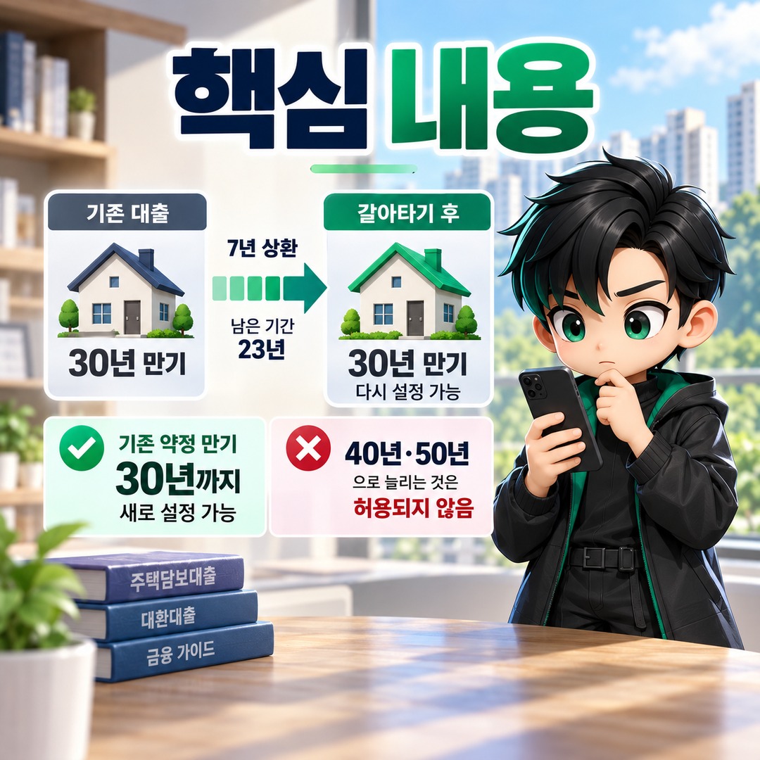 주담대 갈아타기 30년 만기 다시 설정할 수 있을까? 7년 갚았어도 가능한 조건 - 핵심 내용 핵심 내용을 정리한 정보형 이미지