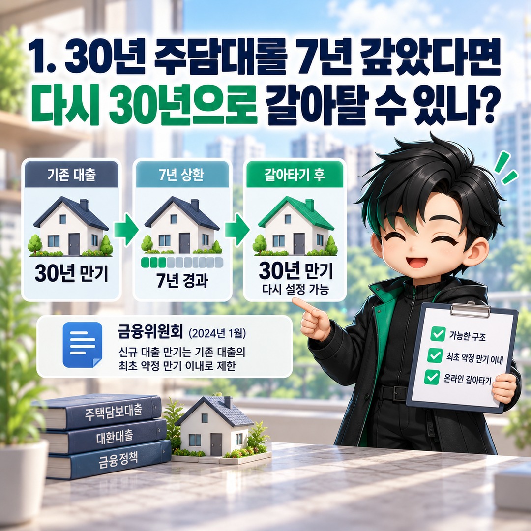 주담대 갈아타기 30년 만기 다시 설정할 수 있을까? 7년 갚았어도 가능한 조건 - 1. 30년 주담대를 7년 갚았다면 다시 30년으로 갈아탈 수 있나? 핵심 내용을 정리한 정보형 이미지