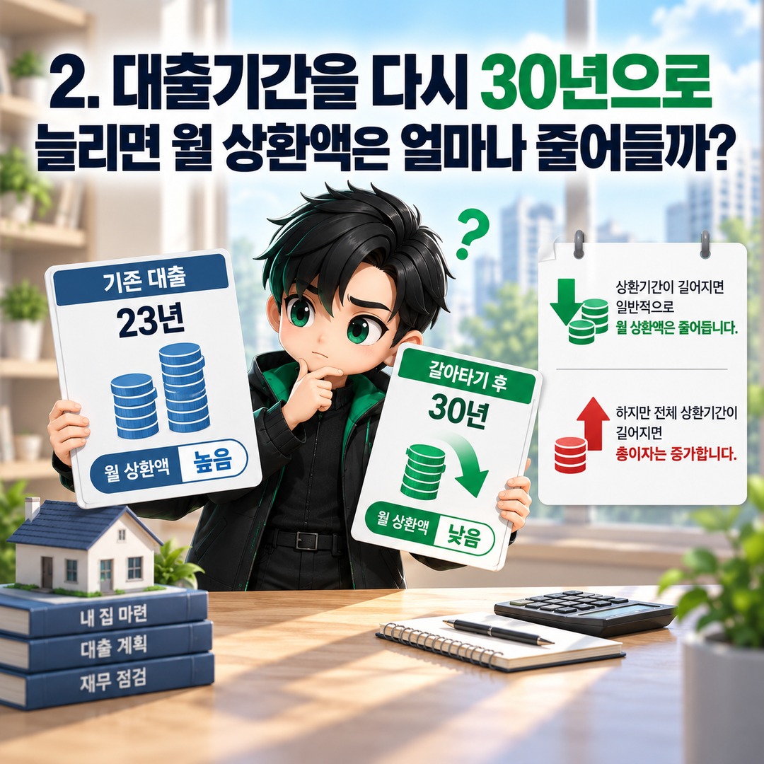 주담대 갈아타기 30년 만기 다시 설정할 수 있을까? 7년 갚았어도 가능한 조건 - 2. 대출기간을 다시 30년으로 늘리면 월 상환액은 얼마나 줄어들까? 핵심 내용을 정리한 정보형 이미지