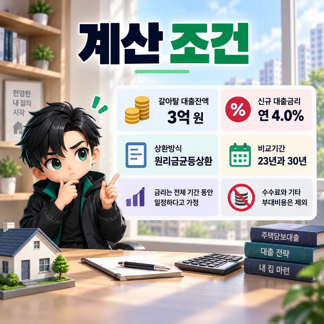 주담대 갈아타기 30년 만기 다시 설정할 수 있을까? 7년 갚았어도 가능한 조건 - 계산 조건 핵심 내용을 정리한 정보형 이미지