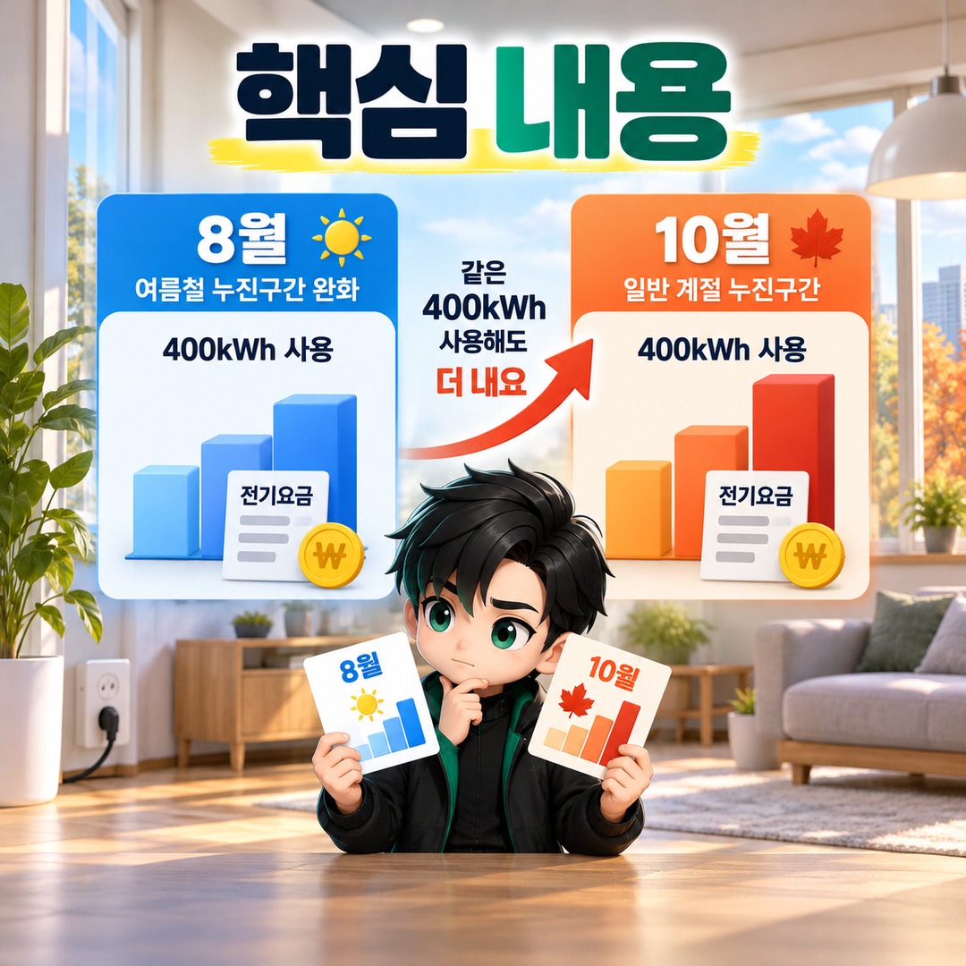 2026년 10월 전기요금 누진제, 8월과 같은 400kWh 사용해도 더 내는 이유 - 핵심 내용 핵심 내용을 정리한 정보형 이미지