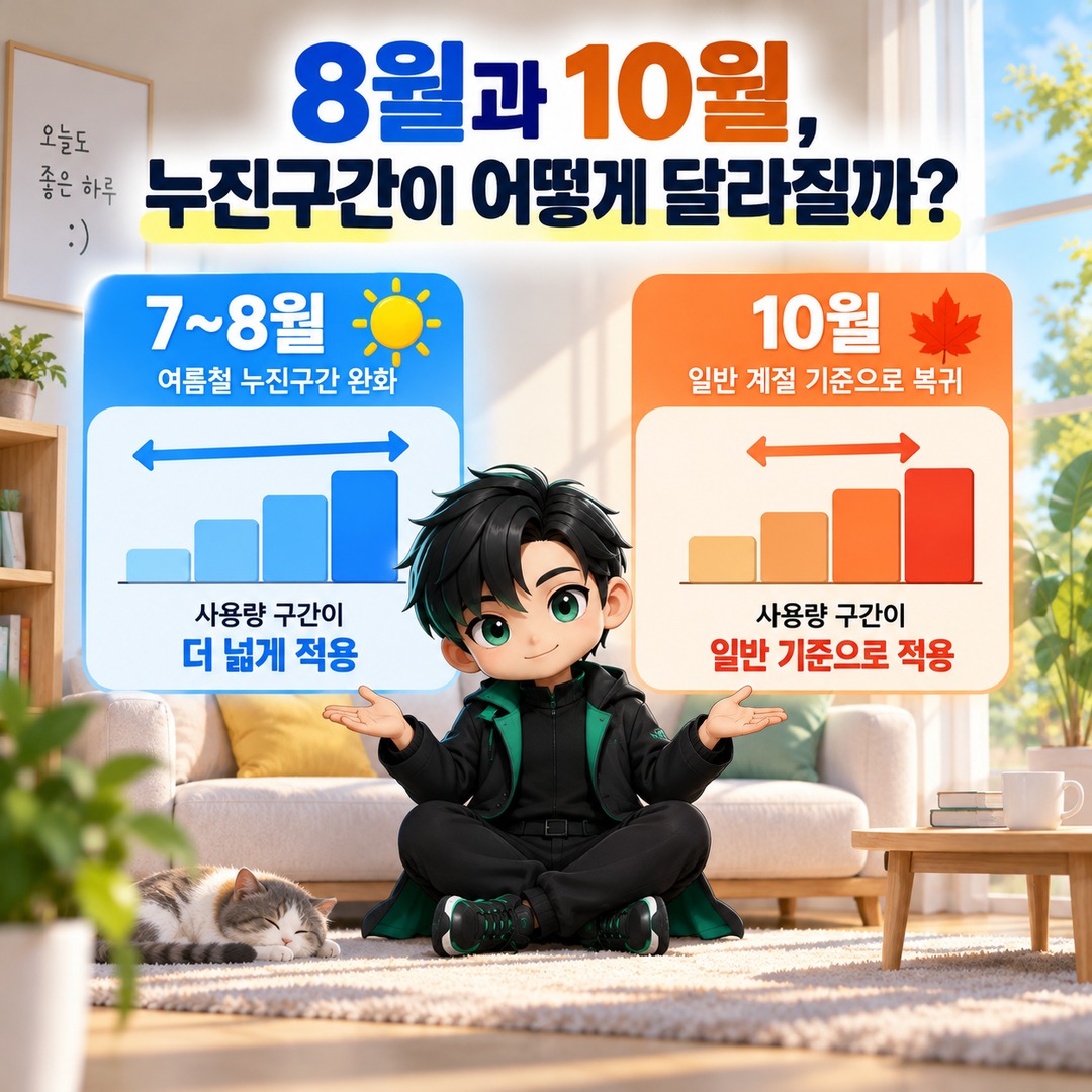 2026년 10월 전기요금 누진제, 8월과 같은 400kWh 사용해도 더 내는 이유 - 8월과 10월, 누진구간이 어떻게 달라질까? 핵심 내용을 정리한 정보형 이미지