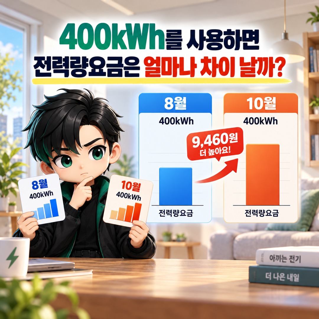 2026년 10월 전기요금 누진제, 8월과 같은 400kWh 사용해도 더 내는 이유 - 400kWh를 사용하면 전력량요금은 얼마나 차이 날까? 핵심 내용을 정리한 정보형 이미지