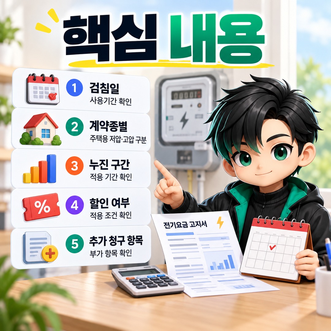 전기요금 계산기와 실제 고지서 금액이 다른 이유, 검침일·계약종별 확인법 - 핵심 내용 핵심 내용을 정리한 정보형 이미지