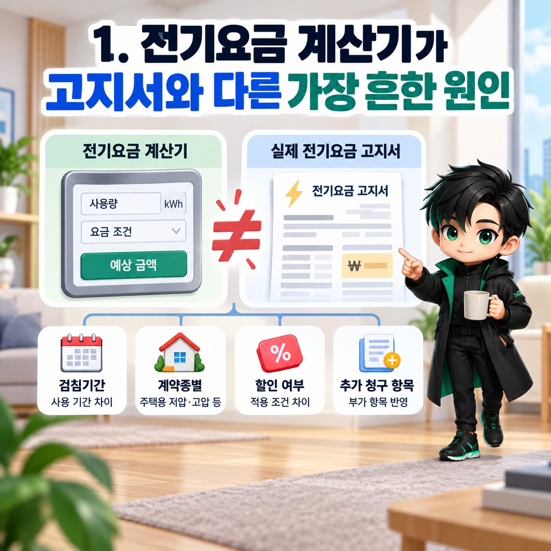 전기요금 계산기와 실제 고지서 금액이 다른 이유, 검침일·계약종별 확인법 - 1. 전기요금 계산기가 고지서와 다른 가장 흔한 원인 핵심 내용을 정리한 정보형 이미지