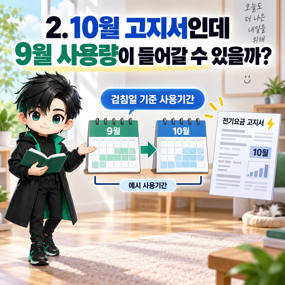 전기요금 계산기와 실제 고지서 금액이 다른 이유, 검침일·계약종별 확인법 - 2. 10월 고지서인데 9월 사용량이 들어갈 수 있을까? 핵심 내용을 정리한 정보형 이미지
