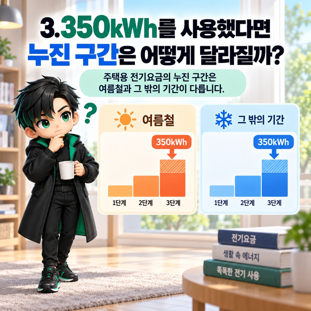 전기요금 계산기와 실제 고지서 금액이 다른 이유, 검침일·계약종별 확인법 - 3. 350kWh를 사용했다면 누진 구간은 어떻게 달라질까? 핵심 내용을 정리한 정보형 이미지