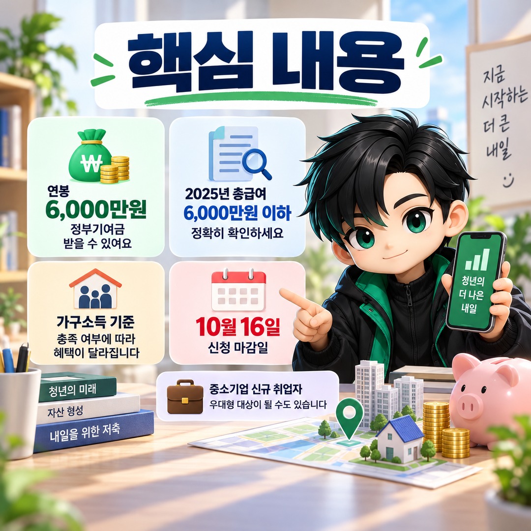청년미래적금 2차 신청, 연봉 6천만원 정부기여금 받는 조건과 10월 마감일 - 핵심 내용 핵심 내용을 정리한 정보형 이미지