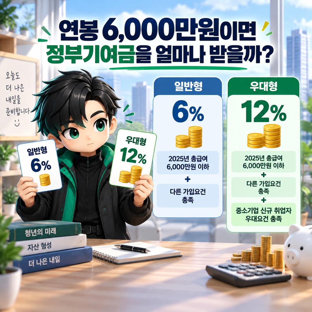 청년미래적금 2차 신청, 연봉 6천만원 정부기여금 받는 조건과 10월 마감일 - 연봉 6,000만원이면 정부기여금을 얼마나 받을까? 핵심 내용을 정리한 정보형 이미지